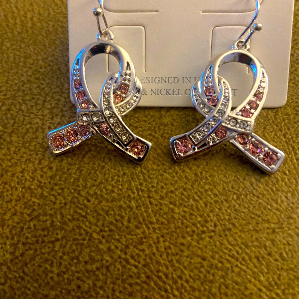 Pink Ribbon Rhinestone Earrings - Picture 3 of 5